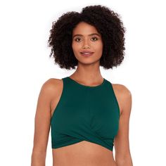 Stay ready for a stylish day at the pool or beach with this Women's Eco Beach Criss Cross Highneck Hook Back Bikini Top.Click on this WOMEN'S GUIDE to find the perfect fit and more! FEATURES High crew neckline Removable cups Wireless Hook back closureFABRIC & CARE 90% recycled polyester, 10% spandex Lining: 50% recycled polyester, 50% polyester Hand wash and line dry ImportedSUSTAINABILITY FEATURES Contains recycled materials Size: Medium. Color: Forest Green. Gender: female. Age Group: adult. Green Vacation Top With Built-in Bra, Green Tankini With Built-in Bra For Pool, Halter Neck Tankini For Yoga, Green Swimwear With Built-in Bra For Poolside, Green Yoga Tankini For Summer, Sleeveless Halter Top For Poolside In Beachwear Style, Sleeveless Halter Top For Poolside Beachwear, Vacation Tankini For Swimming, Bra Friendly, Bra Friendly Sleeveless Tops For Sunbathing