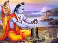 lord rama and goddess siting on the ground with water coming out of his hand