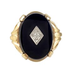 Timeless elegance! This 10K yellow gold ring features a black onyx oval with center diamond in a white gold diamond shape. The four prong setting has a decorative interlaced ribbon design leading to a straight shank. It's a beautiful vintage piece in wonderful condition. Vintage: 1960s Size: 6 3/4 Materials: 10K Yellow and White Gold, Black Onyx, Diamond Marked: 10K Black Onyx: approx. 15.75mm x 12mm oval Diamond: round single cut, 2mm, approx. .03 ct, I-1 clarity Width North to South: 11/16" Wi Elegant Black Diamond Ring In 14k Gold, Heirloom Oval Cabochon Diamond Ring For Formal Occasions, Heirloom Oval Diamond Ring For Formal Occasions, Formal Heirloom Oval Cabochon Diamond Ring, Luxury Onyx Diamond Ring For Formal Occasions, Classic Oval Black Enamel Ring, Classic Black Enamel Oval Ring, Elegant Gemstone Signet Ring For Formal Occasions, Fine Jewelry Onyx Oval Ring