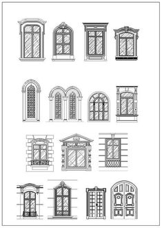 various types of windows are shown in black and white, as well as an outline drawing