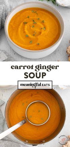 carrot ginger soup in a white bowl with the title above it and an overhead photo