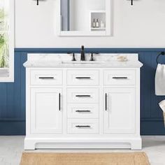 White Bathroom With Black Hardware, 48 Inch Bathroom Vanity Single Sink White, 48 In Bathroom Vanity, Single Sink Bathroom Vanity Ideas, White Bathroom Ideas Modern, Bathroom Vanities Single Sink, Guest Washroom, Bathroom Vanities Ideas, Home Depot Vanity