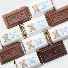 six hershey's baby shower chocolate bars with teddy bear stickers on them