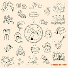 calling all happy campers 🏕️ and anyone that likes trees, mountains, or cute mushroom tattoos 🙃 camping flash now available woooo. I absolutely love going away in our campervan so I just had to do a camping themed flash now we are able to start going again 😅 all available for handpoke. as always I do deals when you book multiple designs in a session! use the link on my page for my booking form or just message me to enquire! can’t wait to tattoo these 🏔️ 🌲 ⛺️🍄🐟🪵🐾🌞🌳 @harmlesstattoo Braintre... Cute Camping Tattoos, Camping Flash Tattoo, Tattoo Ideas Camping, Happy Camper Tattoo, Matching Camping Tattoo, Tiny Camping Tattoo, Camping Tattoo Ideas Simple, Nature Lover Tattoo Ideas, Summer Camp Tattoo Ideas