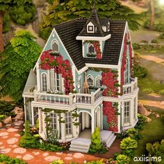 a large house with lots of flowers on it