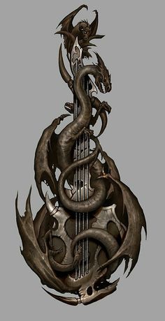 a metal dragon sculpture sitting on top of a guitar