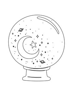 a black and white drawing of a glass ball with the moon and stars in it