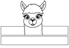 a llama with big eyes peeking out from behind a blank banner or sign, black and white