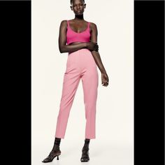 Zara High-Waisted Pants Beautiful Pink Color High Waist Elastane Bottoms For Summer, Summer Ankle-length Elastane Dress Pants, Ankle-length Elastane Dress Pants For Summer, Chic High-waisted Pants With Elastic Waistband, Chic Bottoms With Elastic Waistband, Chic High-waist Pants With Elastic Waistband, Summer Straight Leg Elastane Bottoms, Chic High Waist Pants With Elastic Waistband, Spring Elastane Pantsuit