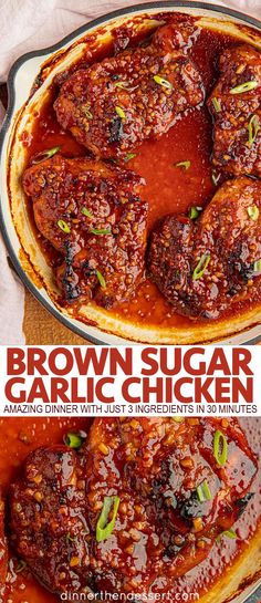 brown sugar garlic chicken in a skillet with red sauce and green garnish