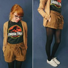 two pictures of a woman with red hair wearing shorts and a dinosaur t - shirt