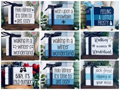 six signs with different sayings on them, including one that says walking in a winter wonderland