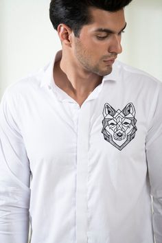 Men'S White Color Bianco Wolf Shirt Full Sleeves Casual Shirt Finally A White Shirt That Can Find It'S Place In Your Closet As A Party/Casual Wear. The Wolf Signifies Loyalty, Ritual &Amp; Spirit. Full Sleeves &Amp; Regular Collar Give You A Look That Sets You Apart. Color :White Fabric/Material :Giza Cotton Sleeve Description :Full Product Category :Casual Shirts Wash Care :Machine Washable Men Embroidery Shirts, Mens Embroidered Shirt, Penting Art, Nice Outfits For Men, Embroidery Shirt Men, Man Embroidery, Embroidery Shirts, Boys Kurta Design, Shirts For Men Designer