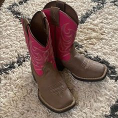 Almost Brand New. Worn Once Cute Pink Boots With Round Toe, Cute Pink Round Toe Boots, Pink Western Boots With Round Toe, Fitted Pink Boots With Round Toe, Pink Western Style Closed Toe Boots, Cute Pink Closed Toe Boots, Ariat Boots, Ariat Shoes, Kids Shoes