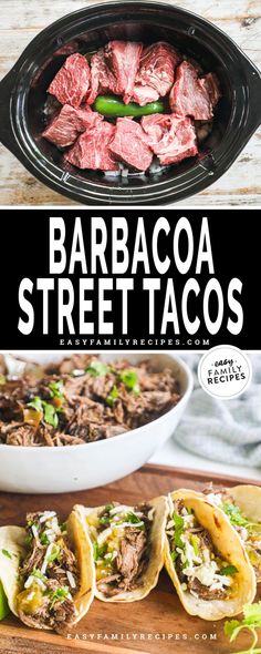 the recipe for barbecue street tacos is shown in this collage