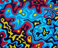 an abstract painting in blue, red, yellow and black colors with swirls on it