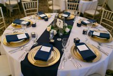 the table is set with blue and gold place settings