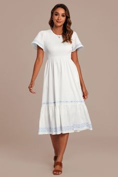 White Embroidery Short Ruffle Sleeve Round Neck Smocked Midi Dress Fitted Smocked Dress With Tiered Skirt, Fitted Smocked Dress With Tiered Skirt And Smocked Cuffs, Fitted Smocked Dress With Ruffle Sleeves, Summer Tiered Smocked Dress With Smocked Cuffs, Bohemian Smocked Short Sleeve Top With Ruffles, Bohemian Smocked Top With Ruffles And Short Sleeves, Peasant Style Smocked Dress With Smocked Cuffs For Summer, Summer Peasant Smocked Dress With Smocked Cuffs, Peasant Smocked Dress With Smocked Cuffs For Summer