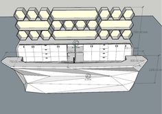 an architectural drawing of a building with lots of shelves and drawers on top of it