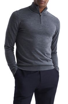 A stand collar and quarter-zip closure bring classy ease to a fitted sweater knit from expertly dyed mélange wool. 26" length (size Small) Stand collar Long sleeves 100% wool Hand wash, dry flat Imported Wool Half-zip Polo Sweater, Half-zip Wool Polo Sweater, Classic Wool Half-zip Sweater, Dark Grey Suit, Dark Gray Suit, Grey Suit, Merino Wool Yarn, Gray Suit, Online Mens Clothing