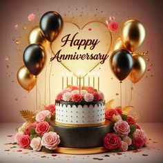 a happy anniversary cake surrounded by balloons and flowers