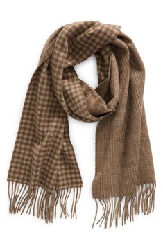 Warm your look with the refined checks and sumptuous Italian cashmere of this scarf finished with fringed ends that add a jaunty touch to the luxurious style. 13" x 74" 100% cashmere Dry clean Made in Italy Fabric Gift Bags, Nordstrom Store, Fabric Gifts, Free Fabric, Cashmere Scarf, Print Gifts, Gingham, Checks, Cashmere