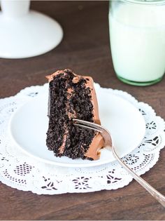 a piece of chocolate cake on a white plate with a fork and glass of milk