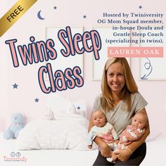 a woman is holding two baby dolls in her arms and the caption reads twins sleep class