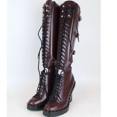 Size: Eur 37 Color: Burgundy Condition: New With Box The Box Was Broken As Shown In Photos. Msrp: $2898 Description: Knee Boots Leather Lace-Up Front Cutouts Buckled Straps Round Toe Zip Fastening Along Side Rubber Lug Sole Made In Italy Heel Height: 4.09 Inches Platform Height: 0.98 Inches ***To Guarantee The Condition Of The Item And That You're Getting Exactly What You Ordered, I Videotaped Myself Packaging Items For Shipment. Leather High Heel Platform Boots With Rivets, Leather Platform Boots With Rivets And High Heel, Leather Platform Boots With Rivets, Burgundy Leather Platform Boots, Leather Lace-up Boots With Spikes, Spiked Lace-up Leather Boots, Dark Red Boots, Knee Boots Leather, Ranch Boots