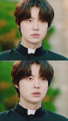 two pictures of the same person with different hair styles and facial expressions, one is wearing a priest's outfit