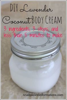 Step 1 measure the ingredients. Step 2 blend the ingredients, Step 3 place in jar with a lid. That is how simple this DIY Recipe for Coconut Body Cream really is. Diy Lavender, Săpunuri Handmade, Diy Lotion, Homemade Lotion, Body Creams, Diy Recipe, Homemade Diy, Homemade Bath Products