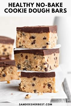 healthy no - bake cookie dough bars stacked on top of each other with text overlay