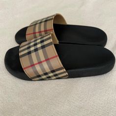 Burberry Furley Check Pool Slippers Women's Size: 38 Condition: Used 2-3 Times. In Good Condition. See Pictures. Includes: Box Black Slides, Burberry Black, Burberry Shoes, Burberry Women, Black Tan, See Pictures, Black And Tan, Womens Slippers, Burberry