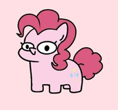 a pink pony with red hair and glasses on it's face is standing in front of a pink background