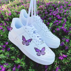 - Angelus Leather Paint - Acrylic Finisher, Waterproof & stain repellent - Shoes are hand painted and will have normal wear and crease over time. Butterfly Nike, Butterfly Purple, Af1 Shoes, Butterfly Shoes, Custom Shoes Diy, Nike Shoes Air Force, Air Force 1s, White Nike Shoes, Basket Style