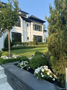 a large white house sitting next to a lush green park filled with lots of trees