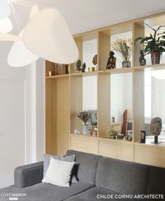 a living room filled with furniture and lots of shelves on the wall next to a gray couch