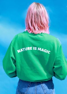 NATURE IS MAGIC SWEATSHIRT – REDWOLF Green Screen Print Sweatshirt For Streetwear, Green Slogan Sweatshirt For Streetwear, Green Letter Print Crew Neck Sweater, Green Crew Sweatshirt With Screen Print, Green Relaxed Fit Crew Hoodie, Green Screen Print Sweatshirt For Fall, Green Sweatshirt With Screen Print For Fall, Green Cotton Sweater With Screen Print, Green Letter Print Crew Sweater