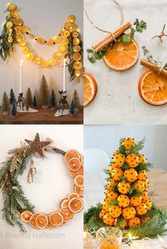 oranges and christmas decorations are arranged in four pictures