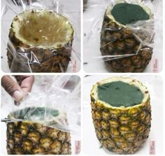 four pictures showing the inside of a pineapple