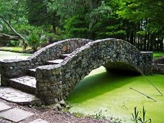 a stone bridge in the middle of a pond with green algae growing on it's sides