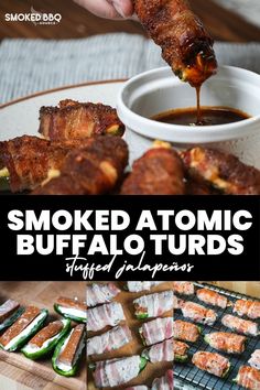 someone is dipping some food into a bowl with sauce on it and the words smoked atomic buffalo