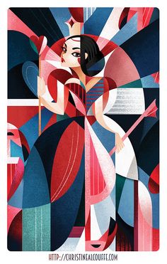 a woman in a red and blue dress is surrounded by abstract shapes