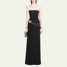 TOM FORD stretch sable strapless evening dress features a gold-tone front cutout with chain detailing Sleeveless Full length  Column silhouette  Concealed back zip  Viscose/elastane/nylon/polyamide Made in Italy Luxury Strapless Maxi Dress For Formal Occasions, Luxury Strapless Mini Dress For Formal Occasions, Luxury Strapless Dress, Luxury Strapless Evening Dress, Luxury Strapless Dress For Gala, Glamorous Gala Dresses With Chain Strap, Gold Evening Dress With Chain Strap, Gold Chain Strap Evening Dress, Gold Chain Strap Dress For Evening