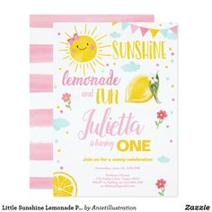 a pink and yellow birthday card with lemons on the front, sun and clouds in the background