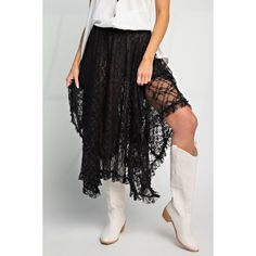 Sweet Nothings Lace Handkerchief Skirt in Black It's giving edgy boho cowgirl and we are here for it! This sheer lace skirt goes perfectly with all your Western boots and adds a feminine flair to your look! We love this paired with black shortie shorts for more coverage!  Item Deets: Elasticized waistband Handkerchief hem Double layered mesh Ruffled edges Embroidered detail throughout Loose fit and flowy Sheer fabrication Small measurements : length - 29" waist - 13.25" Stretchy waist! Size Chart Small: 2-6 Medium: 6-10 Large: 10-14 Shop all your favs + all the new at shoppoppyandseed.com + receive 15% off your first order! ❤ Return Policy: Even Exchange or Store Credit only within 7 days of delivery. Goth Hippie, Blue Denim Top, Midi Skirts Summer, Strega Fashion, Long Flowy Skirt, Tiered Midi Skirt, Lace Midi Skirt, Witch Fashion, Witchy Fashion