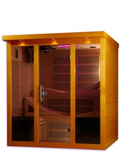 an indoor sauna with two doors open