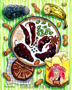 a painting of food on a plate with nuts, fruit and other items around it