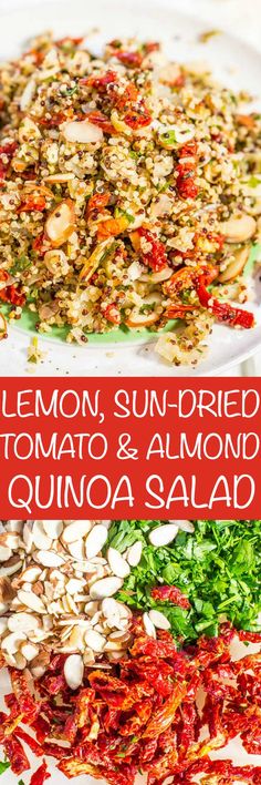 lemon, sun dried tomato and almond quinoa salad on a white platter