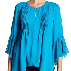 Brand New, With Tags T Tahari Kate Bell Sleeve Satin Blouse In Capris Mist Color. Split Neck Detail, Bell Sleeves, Chain Embellishment And Pleated Details. 100% Polyester And Can Be Machine Washed. Fits Tts. Beautiful Color And Flattering Fit. Small Stain On Sleeve, But Not Noticeable When On. Front Clasp Can Be Worn Open Or Closed. Elegant Blue V-neck Blouse Piece, Elegant Long Sleeve Blue Blouse, Mist Color, Lightweight Open Front Cardigan, Turtleneck Tunic, Gray Tunic, Black And White Tops, Women Tunic Tops, Satin Blouse